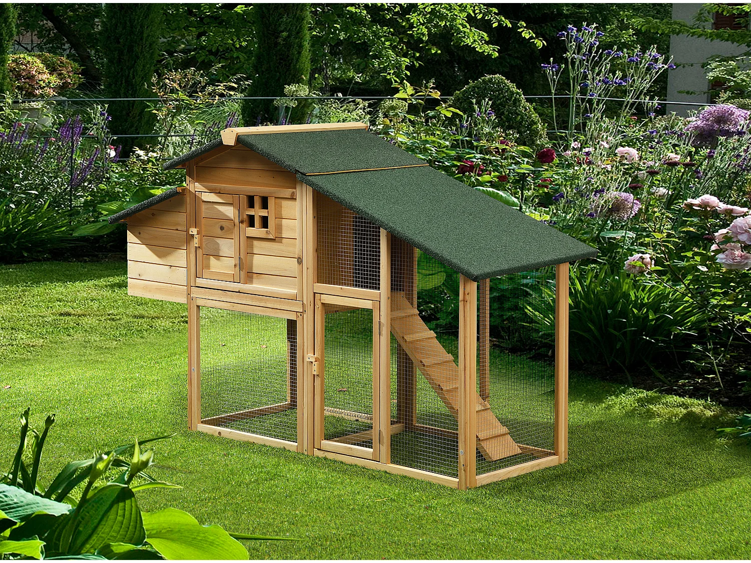 Kurnik z drewna z wybiegiem – 4 kury – 173 × 64 × 108 cm (dł. × szer. × wys.) – kolor naturalny - LEVAS 141221 - obrazek 1