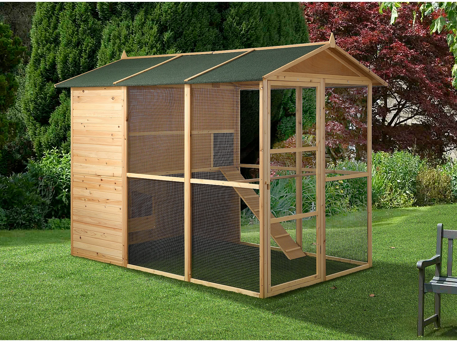 Kurnik z drewna z wybiegiem – 10 kury – 266 × 174 × 205 cm (dł. × szer. × wys.) – kolor naturalny – FERAS 141223