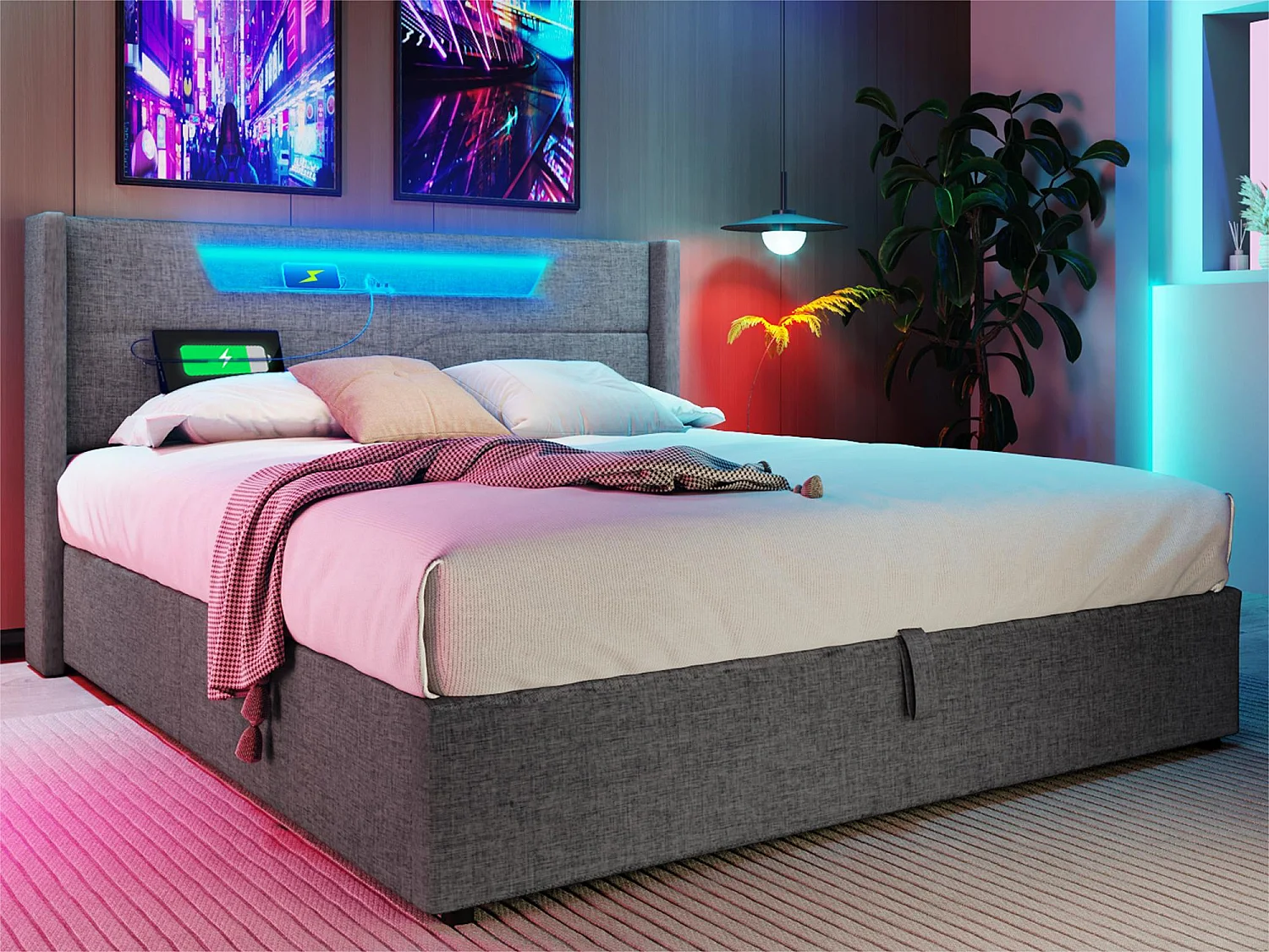 Łóżko tapicerowane 160x200cm z tkaniny lnianej - z LED i portami ładowania - z stelażem na listwy - Szare 1810247 - obrazek 1