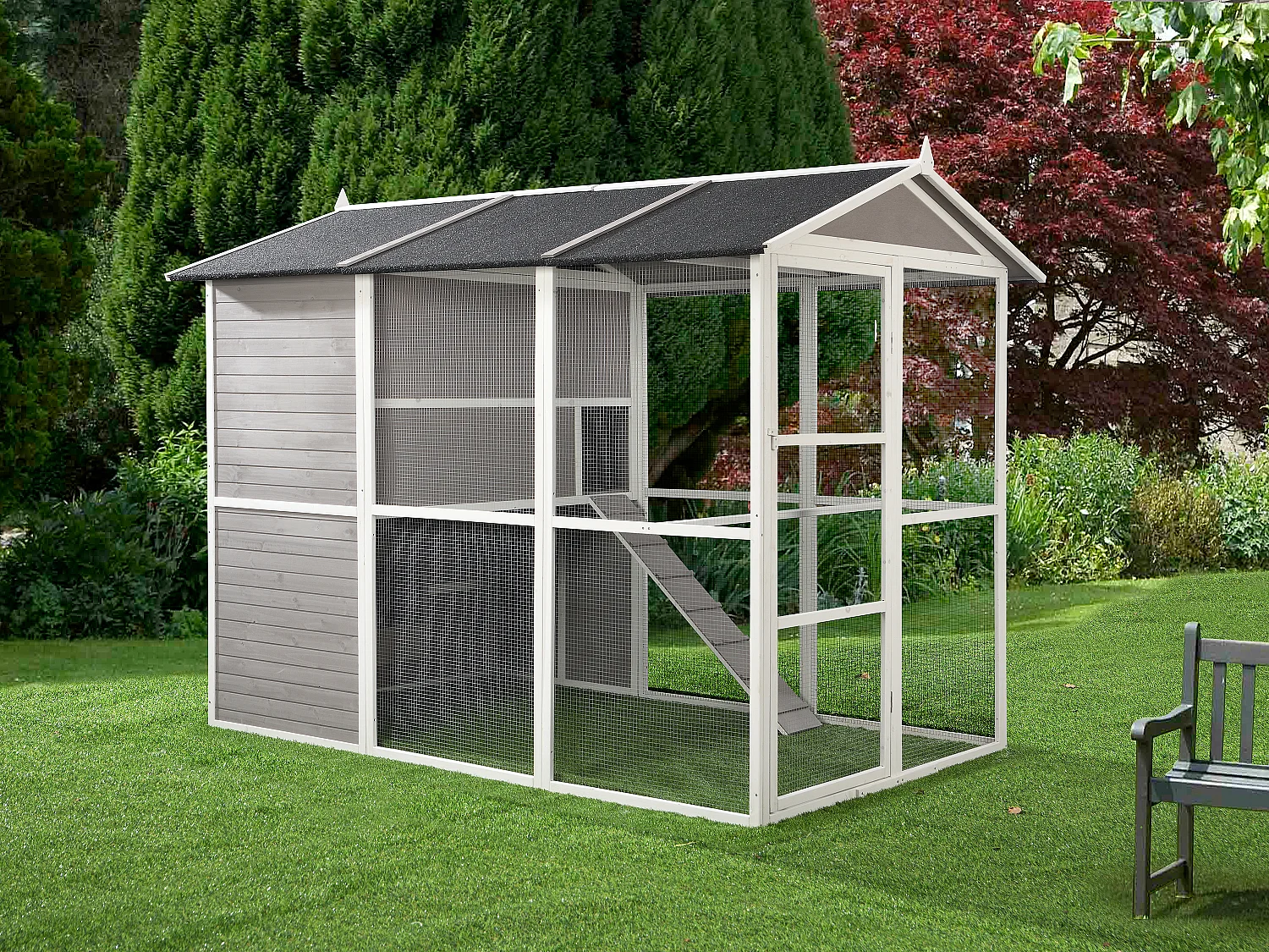 Kurnik drewniany z wybiegiem – 10 kur – dł. 266 x szer. 174 x wys. 205 cm – Biały – FERAS 1320055
