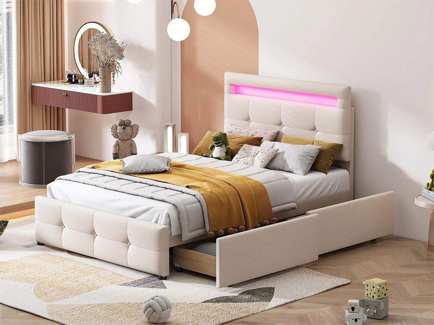 Łóżko pojedyncze 90 x 200 cm z 2 szufladami – tkanina lniana – LED – dla dzieci – beżowe 2025753
