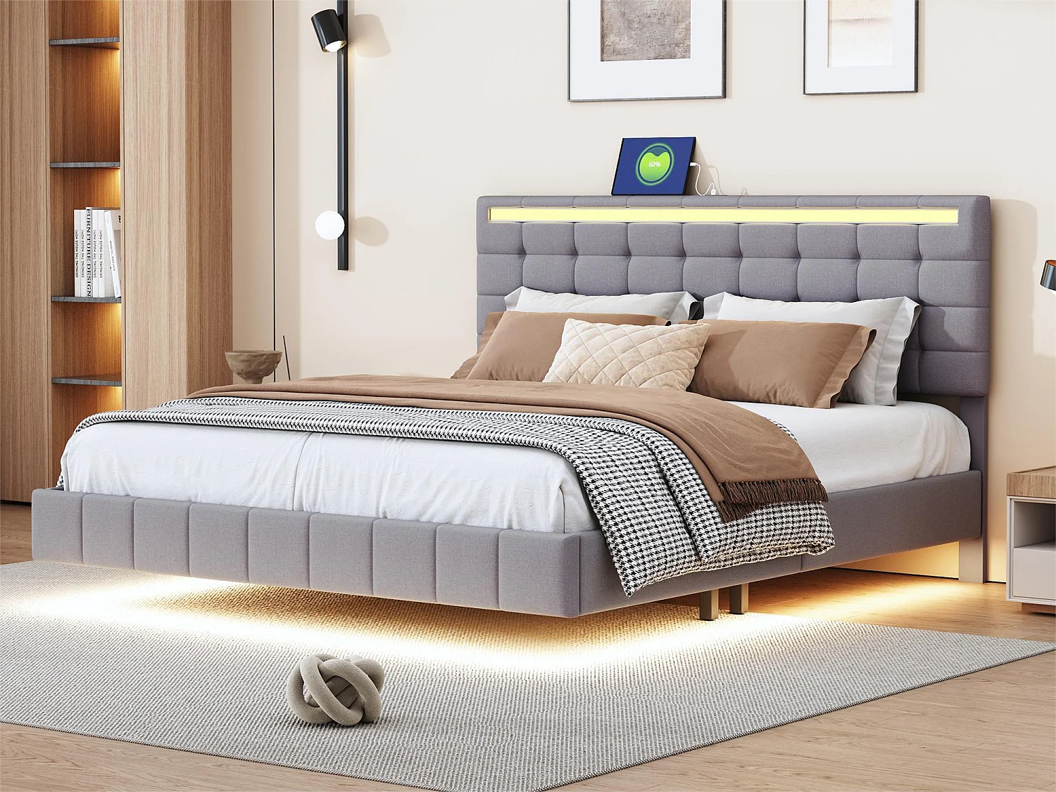 Łóżko tapicerowane z wezgłowiem - 160 x 200 cm - rama łóżka wisząca - LED-y - tkanina lniana - szare 2025885 - obrazek 1
