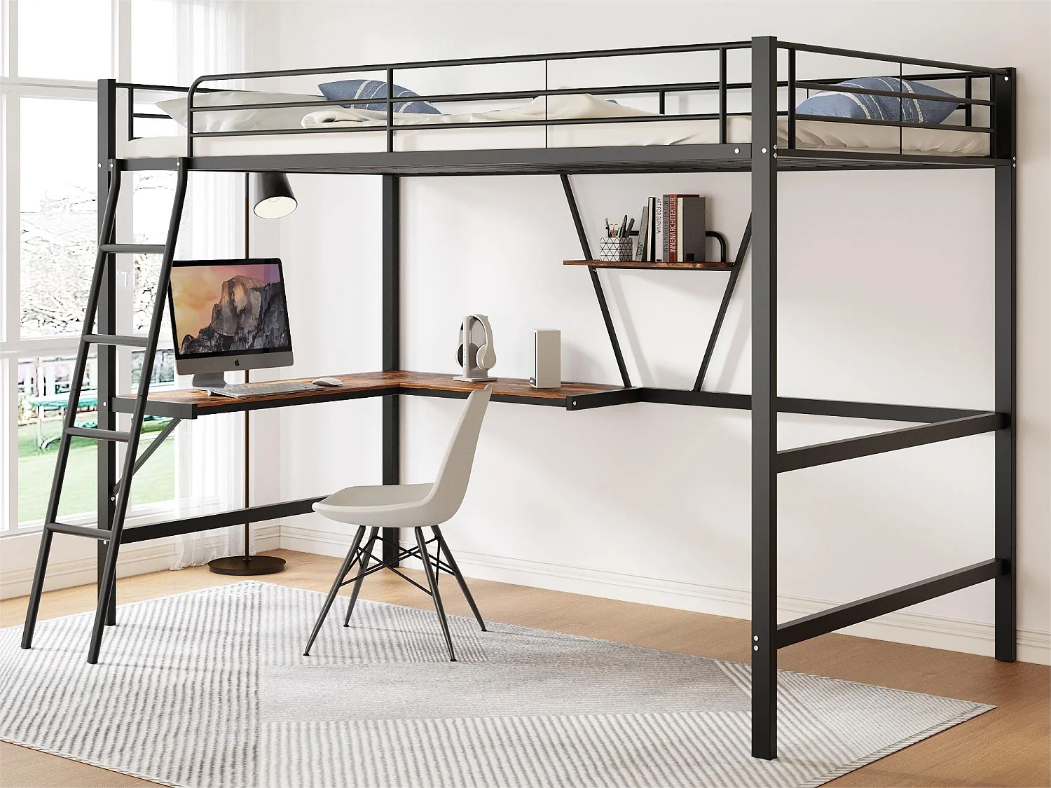 Łóżko piętrowe dla dzieci z biurkiem w kształcie litery L i półką - 90 x 200 cm - drewno MDF i metal - czarne 2026087 - obrazek 1