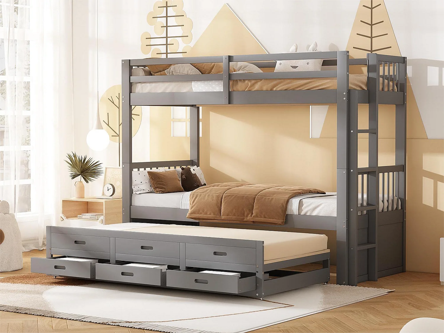 Łóżko piętrowe dla dzieci z łóżkiem wysuwanym dla 3 osób - 90 x 200 cm - 3 szuflady - sosna i płyta MDF - szare 2123939 - obrazek 1