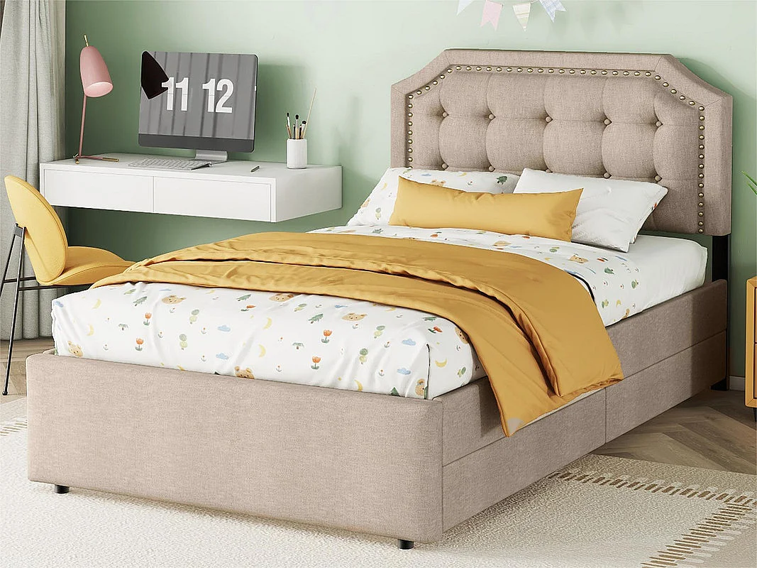 Łóżko tapicerowane w tkaninie lnianej z 2 szufladami - 90x200cm - wezgłowie ozdobione ćwiekami - Taupe 2125105 - obrazek 1
