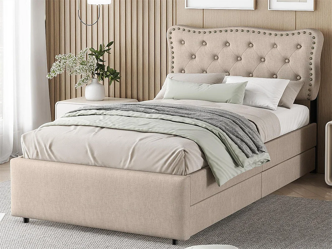 Łóżko tapicerowane z tkaniny lnianej z 2 szufladami - 90x200cm - wezgłowie ozdobione ćwiekami - Taupe 2125123 - obrazek 1