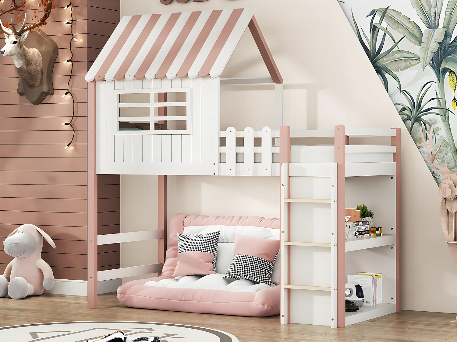 Łóżko piętrowe z litego drewna 90x200 cm - z drabinką i barierką zabezpieczającą - z 2 półkami - Różowe 2535351 - obrazek 1