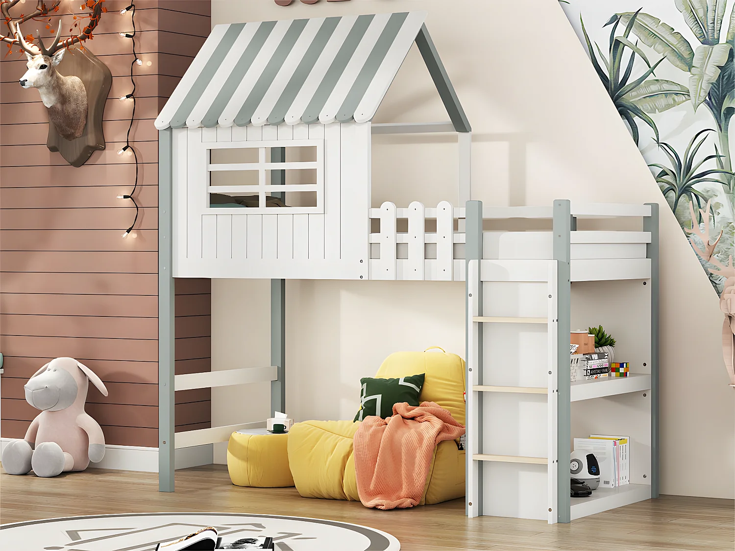 Łóżko piętrowe z litego drewna 90x200 cm - z drabinką i barierką zabezpieczającą - z 2 półkami - Białe 2535355 - obrazek 1