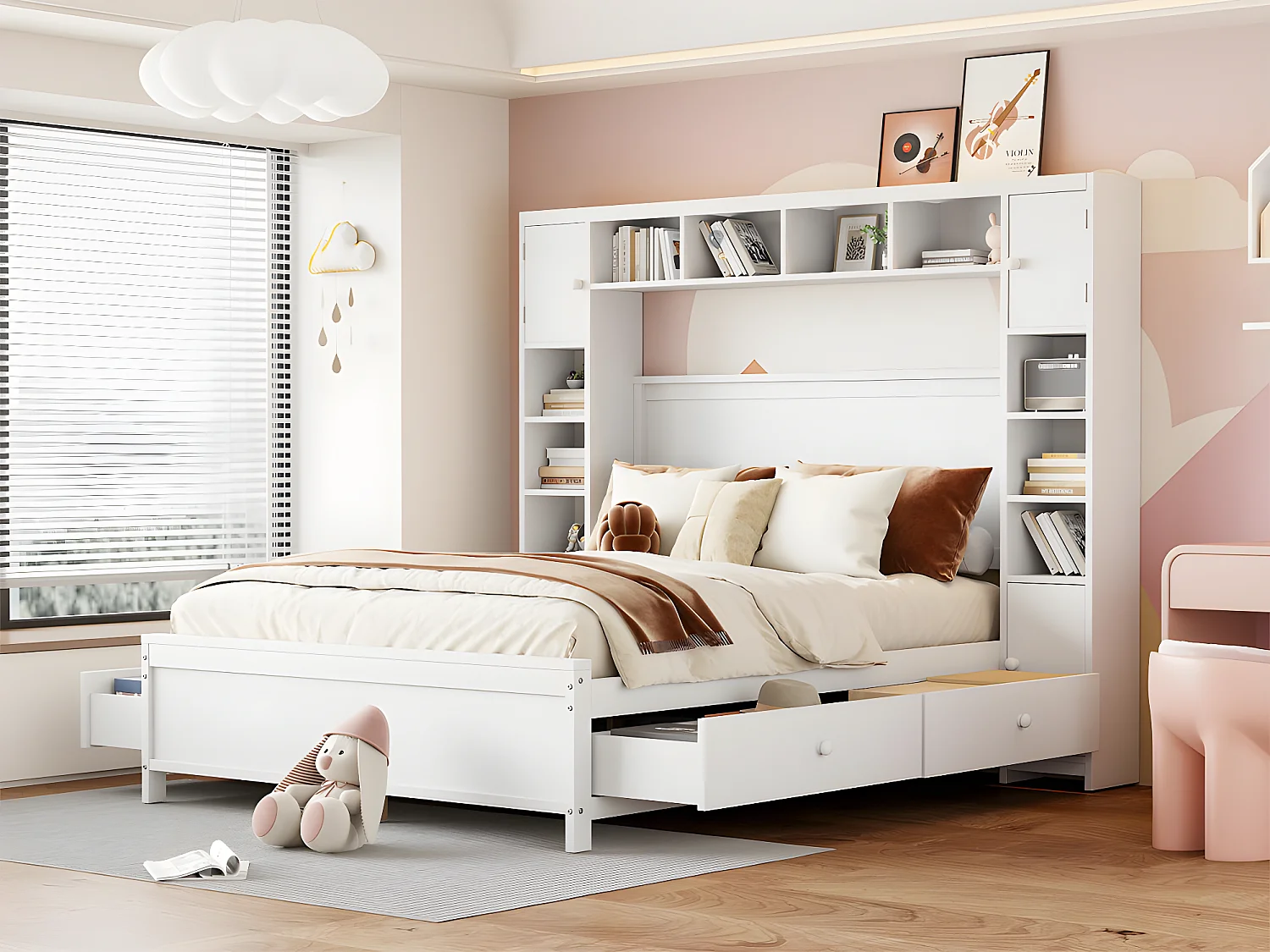 Łóżko podwójne 140x200cm - z 4 szufladami i dużą głową do przechowywania - z litego drewna - Białe 2745029 - obrazek 1