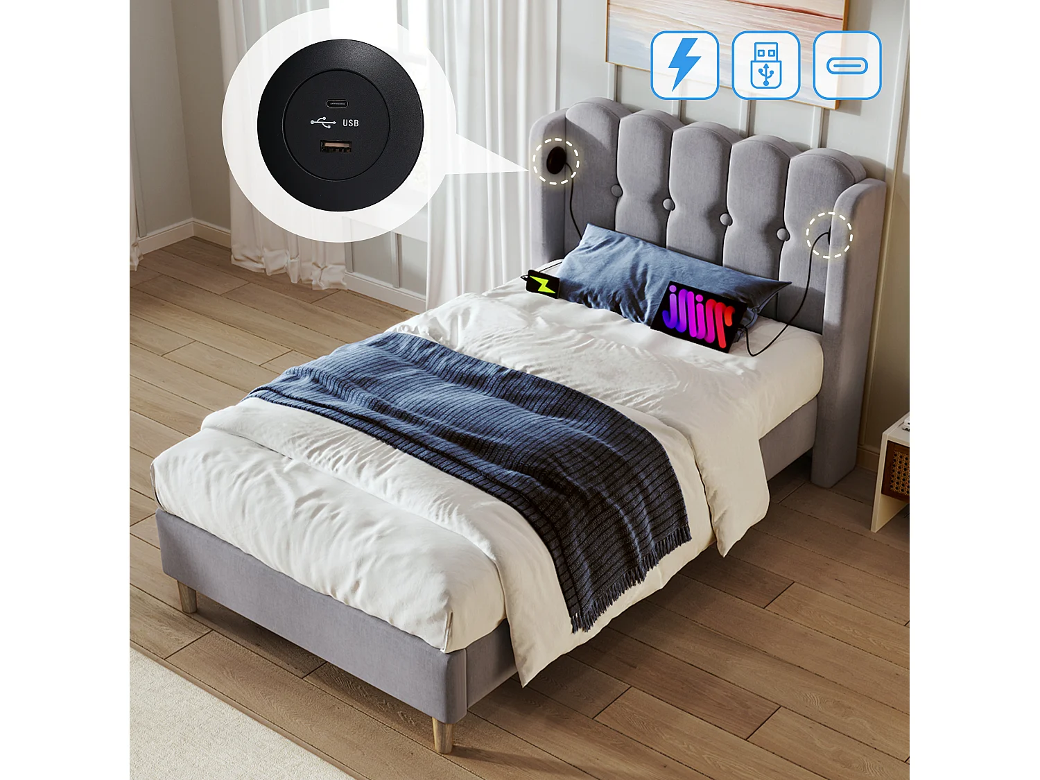Łóżko tapicerowane 90 x 200 cm dla dzieci lub dorosłych – USB + typ C – tkanina lniana – szare 3039838