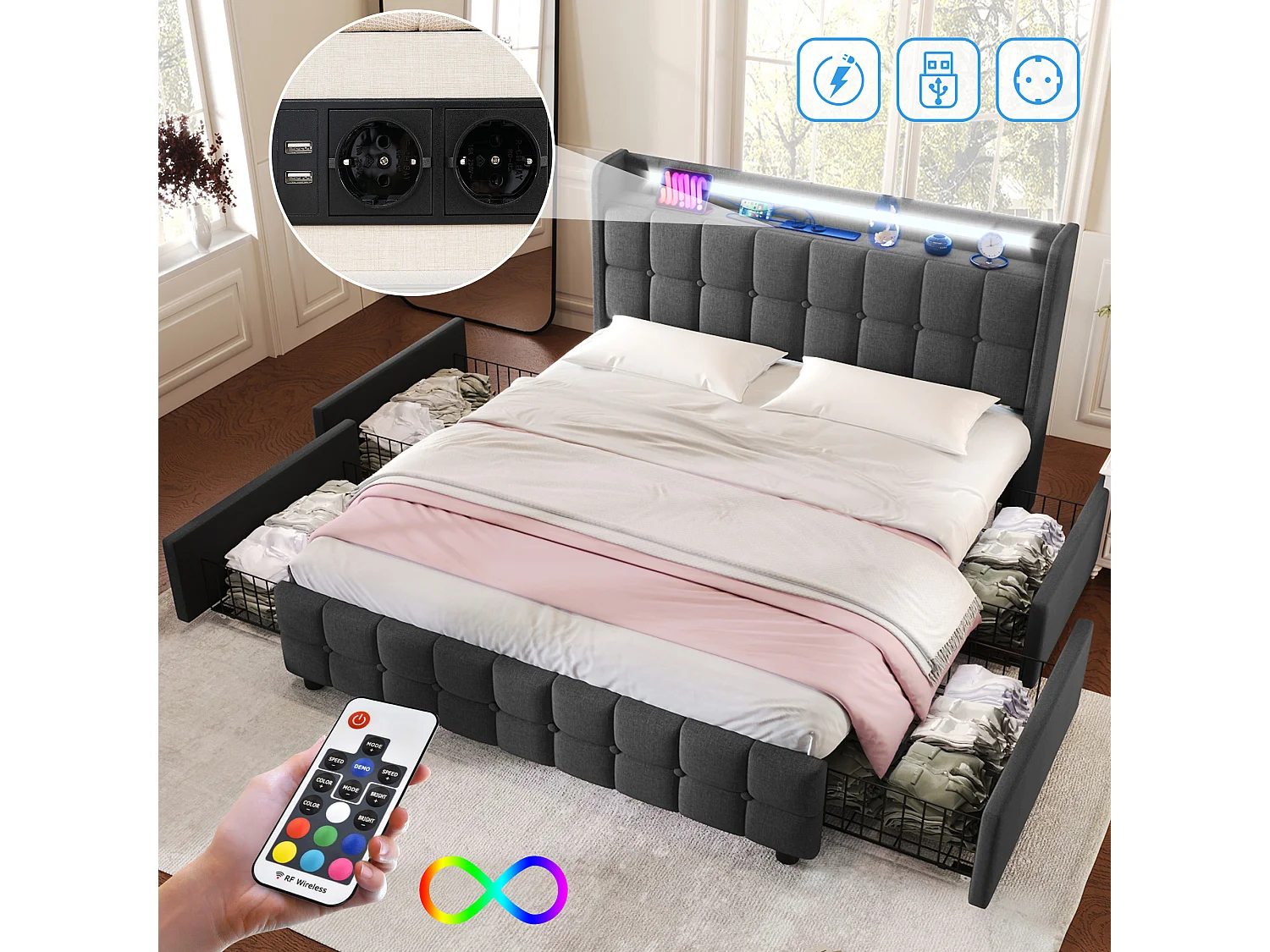 Łóżko tapicerowane dla dorosłych 140 x 200 cm z 4 szufladami - USB + LED - tkanina lniana - szare 3039856 - obrazek 1
