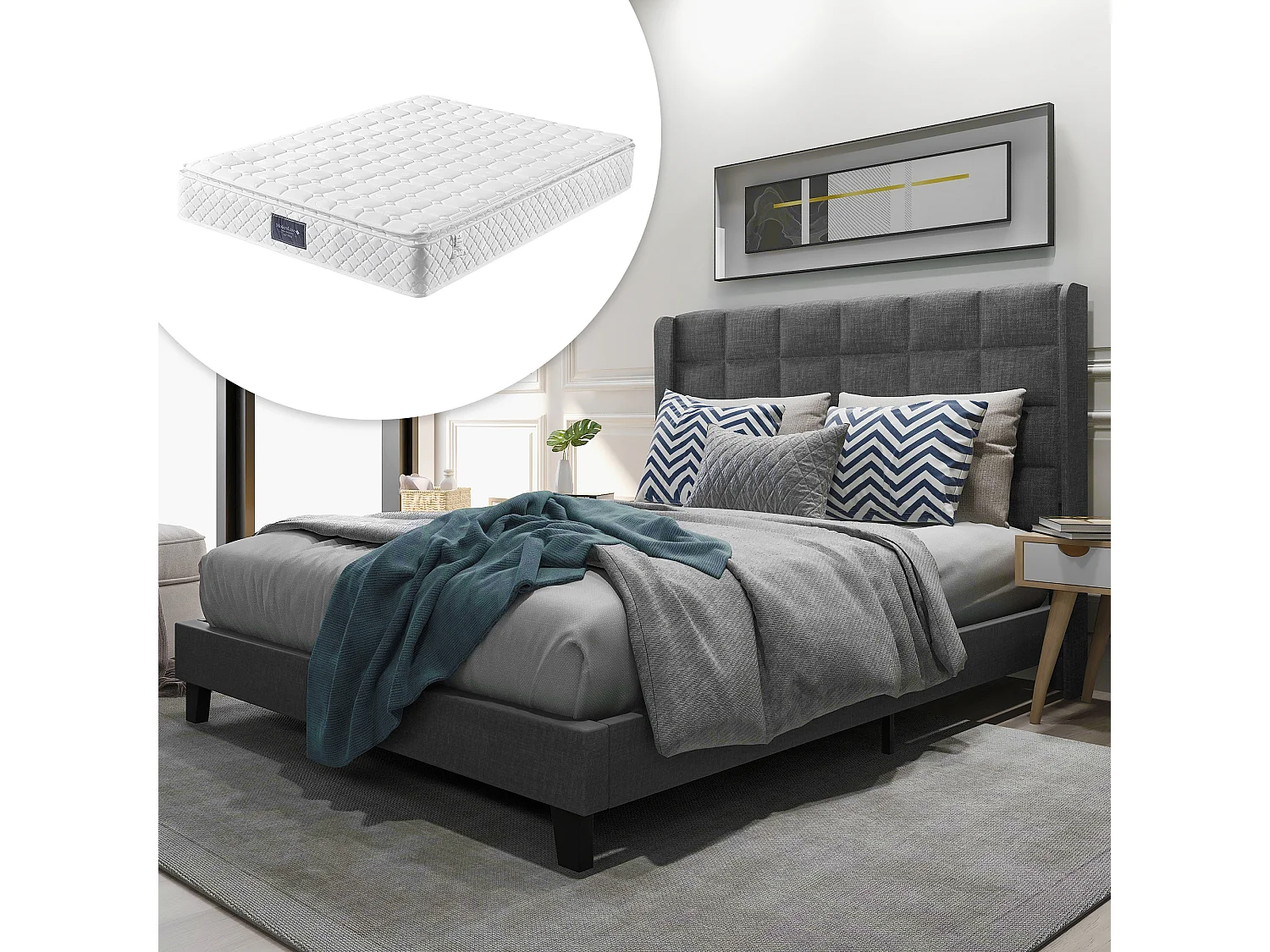 Łóżko tapicerowane z wezgłowiem - 140 x 200 cm - tkanina lniana - box spring + materac - szare 3039873 - obrazek 1