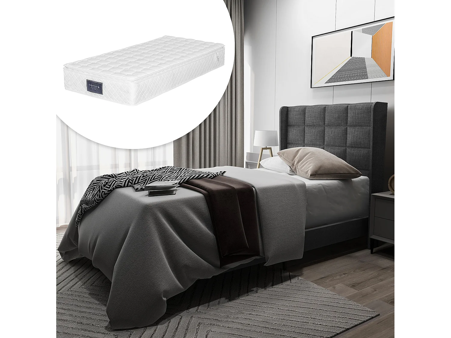 Łóżko tapicerowane z wezgłowiem - 90 x 200 cm - tkanina lniana - box spring + materac - szare 3039883 - obrazek 1