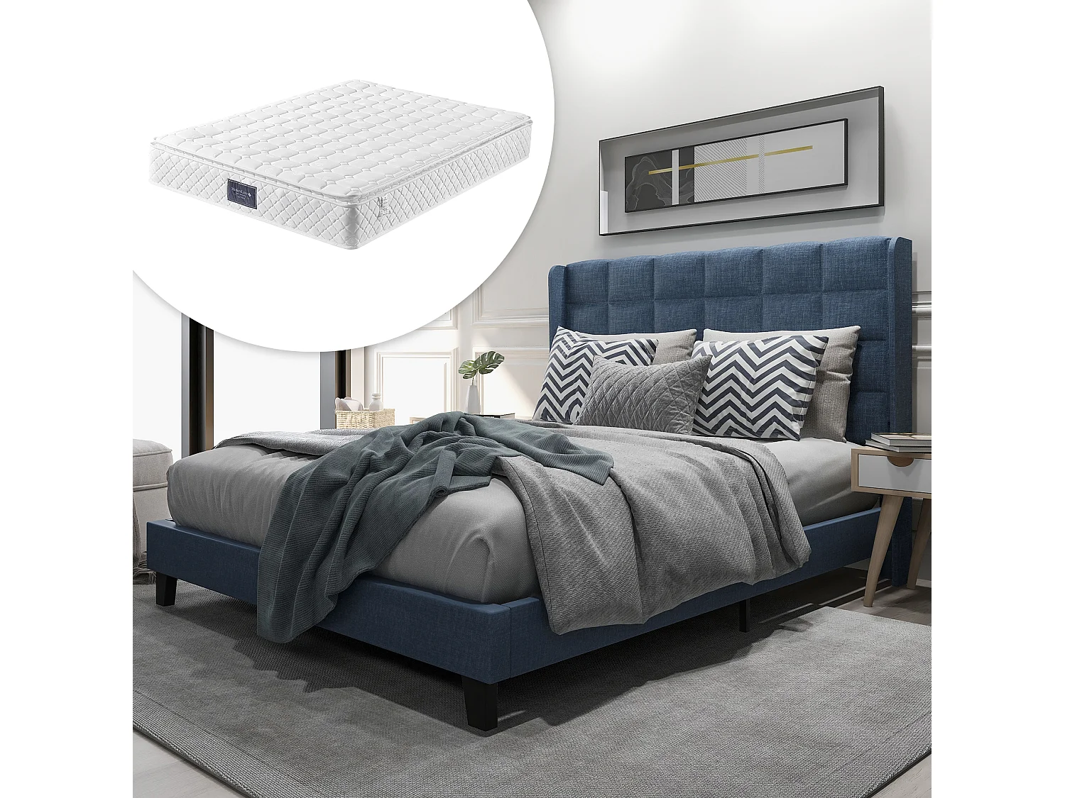 Łóżko tapicerowane z wezgłowiem - 140 x 200 cm - tkanina lniana - boxspring + materac - niebieskie 3039885 - obrazek 1