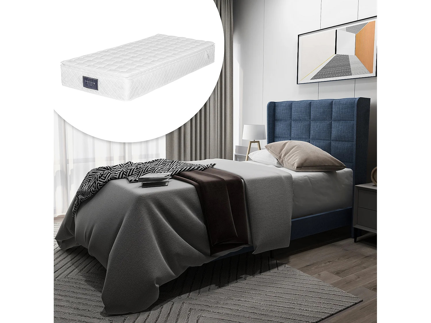 Łóżko tapicerowane z wezgłowiem - 90 x 200 cm - tkanina lniana - boxspring + materac - niebieskie 3039905 - obrazek 1