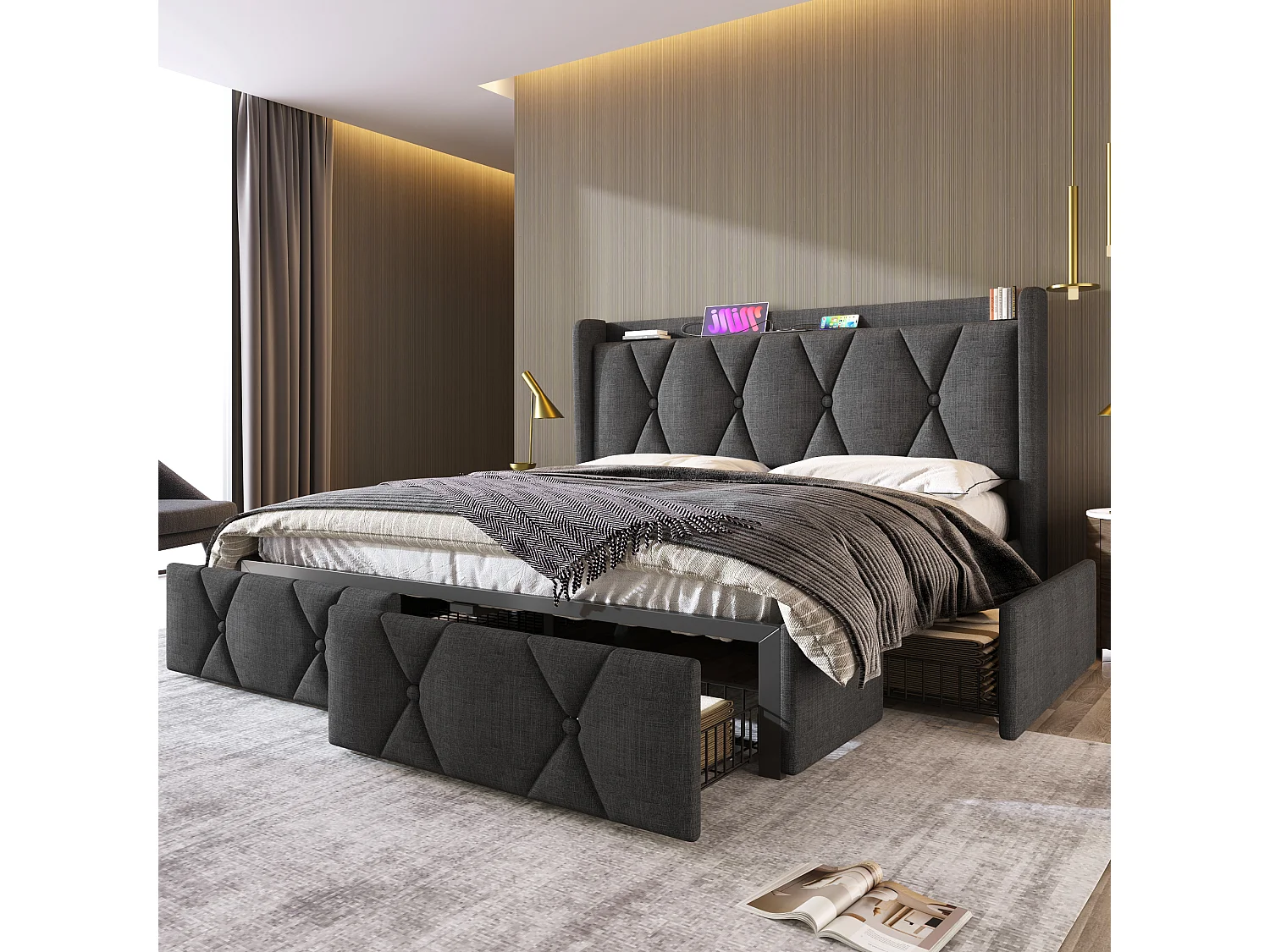 Łóżko tapicerowane 160 x 200 cm z wezgłowiem i 4 szufladami - USB - tkanina lniana - szare 3039906 - obrazek 1