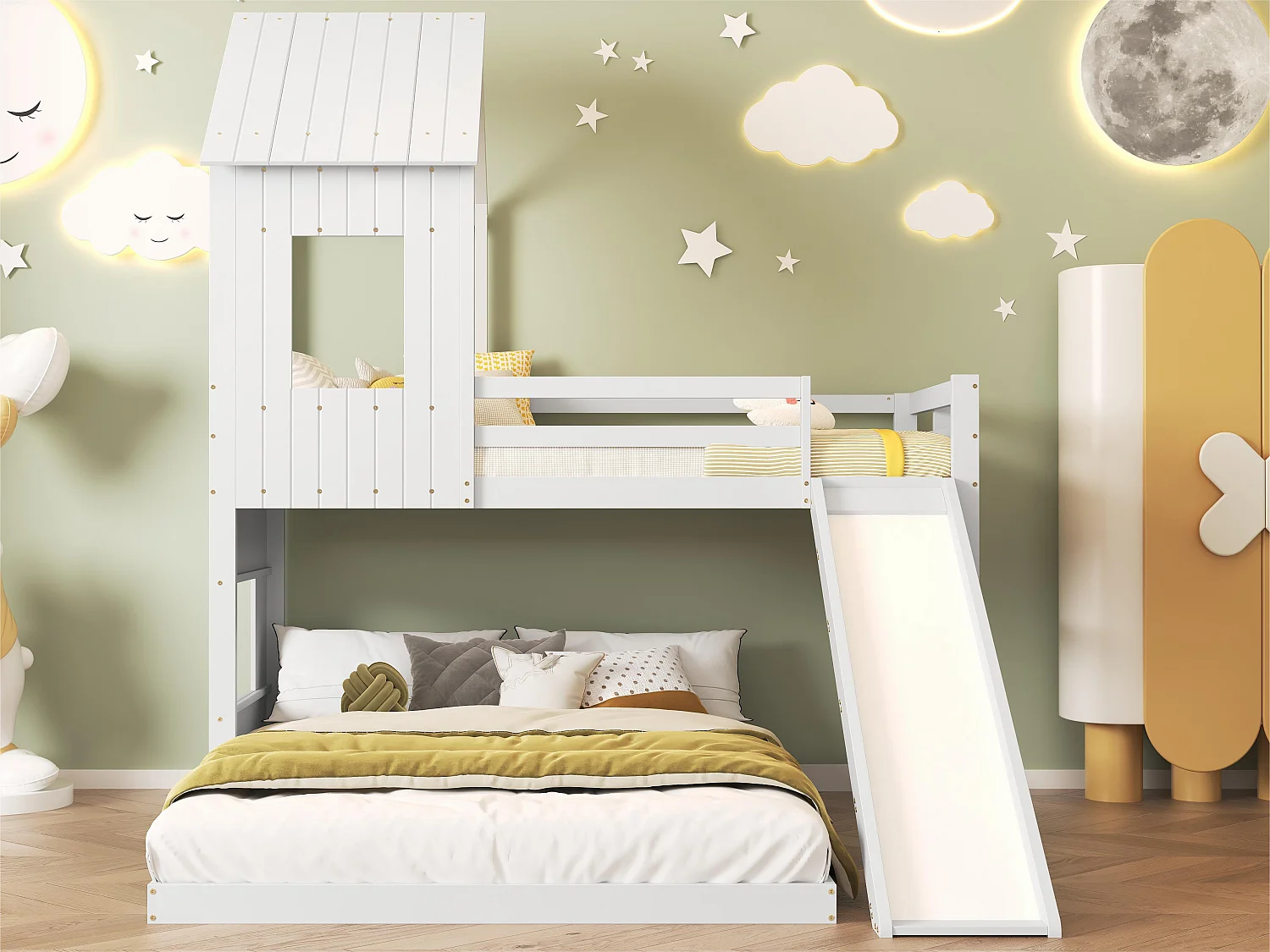 Łóżko piętrowe dla dzieci z zjeżdżalnią i drabinką - 90x200 cm + 140x200 cm - z drewna sosnowego i MDF - Białe 3051840 - obrazek 1