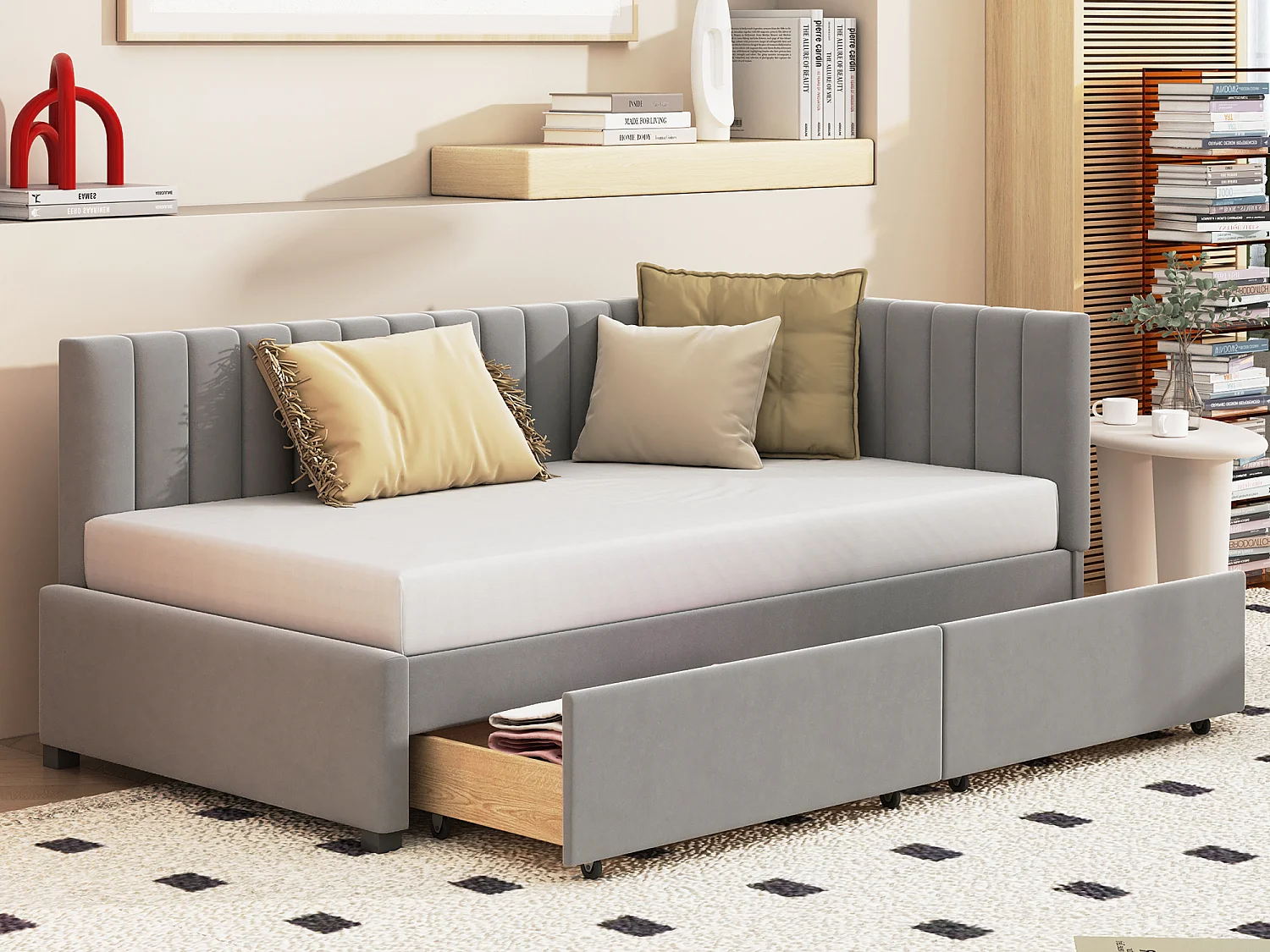 Łóżko tapicerowane 90 x 200 cm – Sofa z funkcją spania z 2 szufladami – Aksamit – Szary 3094771