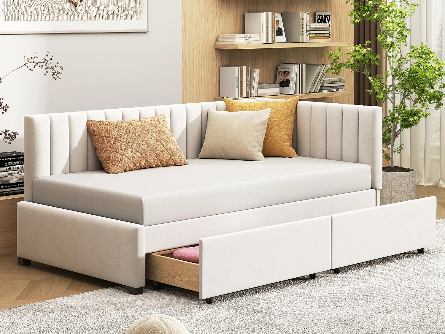 Łóżko tapicerowane 90 x 200 cm – Sofa z funkcją spania z 2 szufladami – Aksamit – Beż 3094778