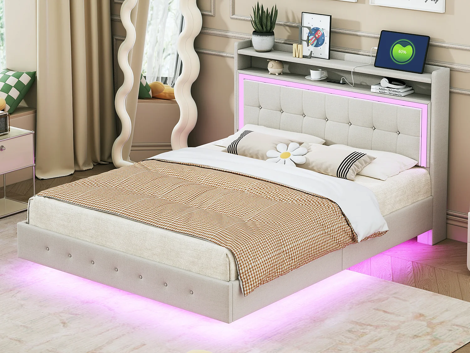 Łóżko tapicerowane 140 x 200 cm z wezgłowiem - gniazdo USB + diody LED - tkanina lniana - beż 3094745 - obrazek 1
