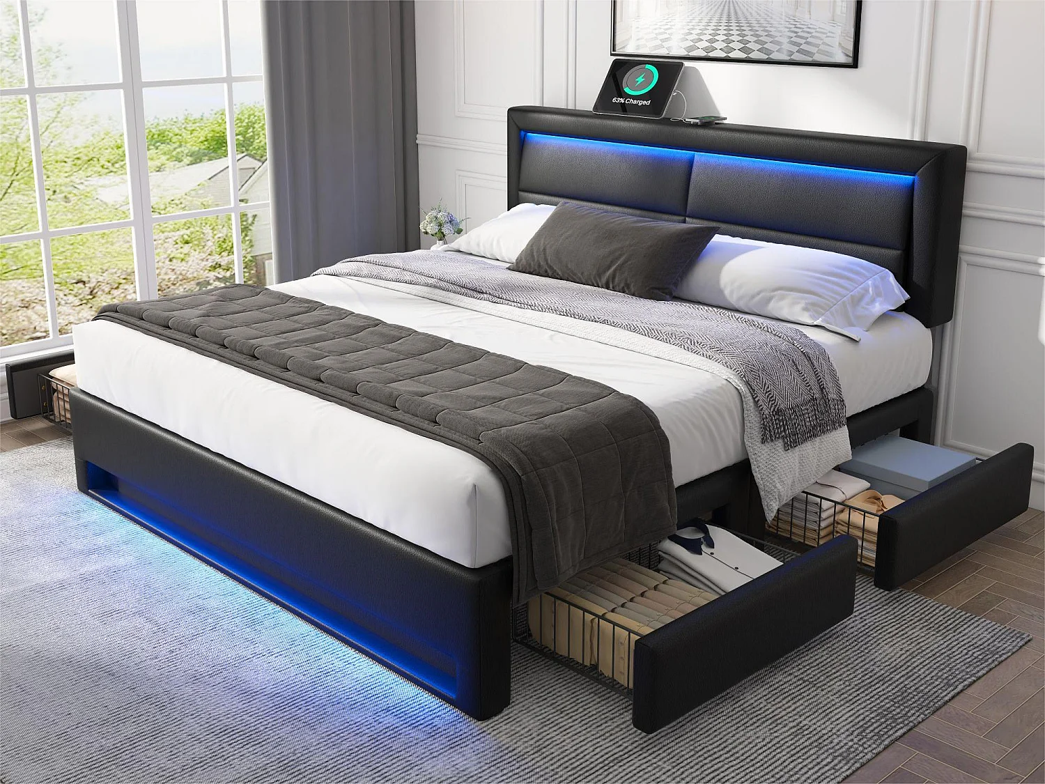 Łóżko podwójne 140x200 cm z ekoskóry z LED - 4 szuflady - z portami ładowania (przewodowym i bezprzewodowym) - Czarne 3098031 - obrazek 1