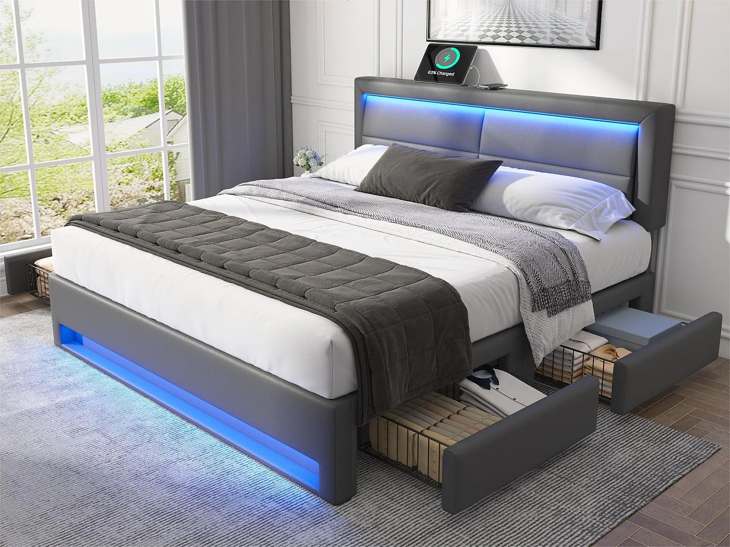 Łóżko podwójne 140x190 cm z ekoskóry z LED - 4 szuflady - z portami ładowania (przewodowym i bezprzewodowym) - Szare 3098036 - obrazek 1