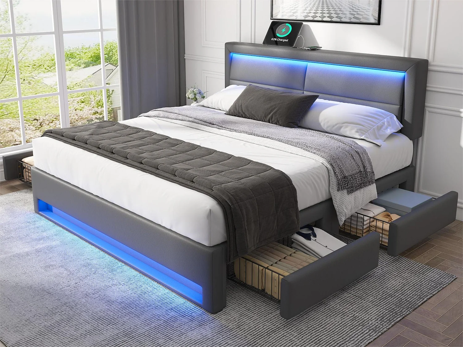 Łóżko podwójne 140x200 cm z ekoskóry z LED - 4 szuflady - z portami ładowania (przewodowym i bezprzewodowym) - Szare 3098037 - obrazek 1