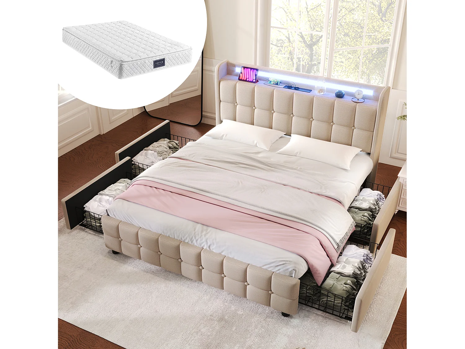 Łóżko tapicerowane dla dorosłych 160 x 200 cm z 4 szufladami - USB + LED - tkanina lniana - beż + Materac 3144563 - obrazek 1