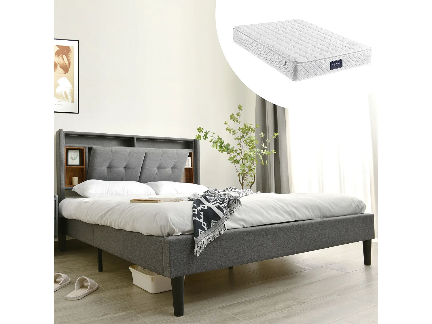 Łóżko tapicerowane 140 x 200 cm z wezgłowiem - USB i LED - Tkanina lniana - szare + Materac 3144589 - obrazek 1