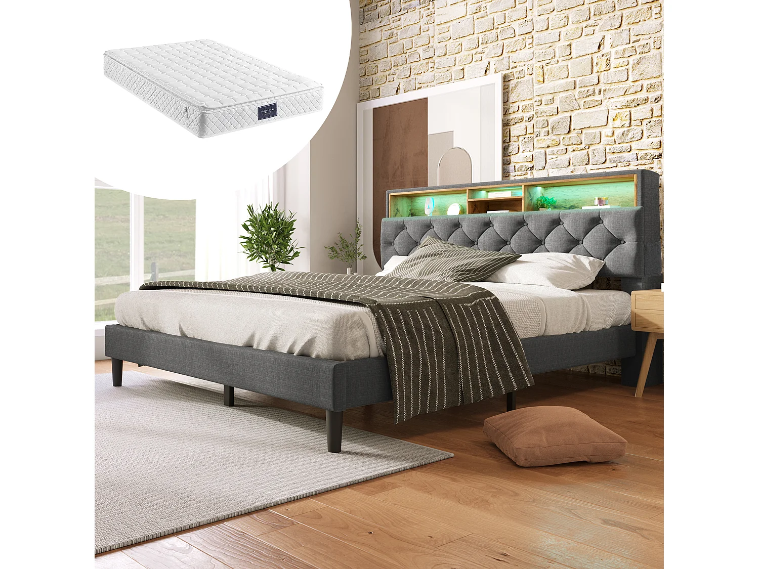 Łóżko tapicerowane 140 x 200 cm z zagłówkiem ze schowkiem - USB i LED - Tkanina lniana - Szary + Materac 3144591 - obrazek 1