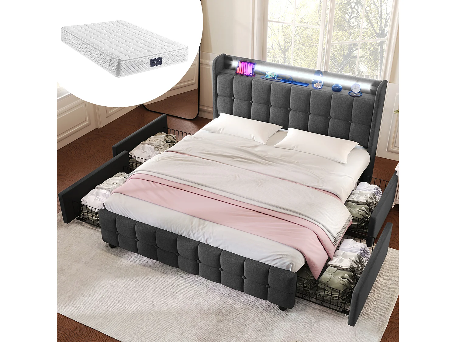Łóżko tapicerowane dla dorosłych 160 x 200 cm z 4 szufladami - USB + LED - tkanina lniana - szare + Materac 3144601 - obrazek 1
