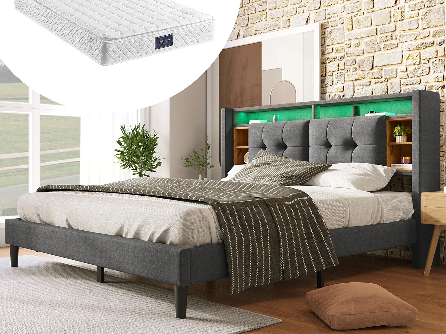 Łóżko tapicerowane 160 x 200 cm z wezgłowiem - USB i LED - Tkanina lniana - szare + Materac 3144592 - obrazek 1