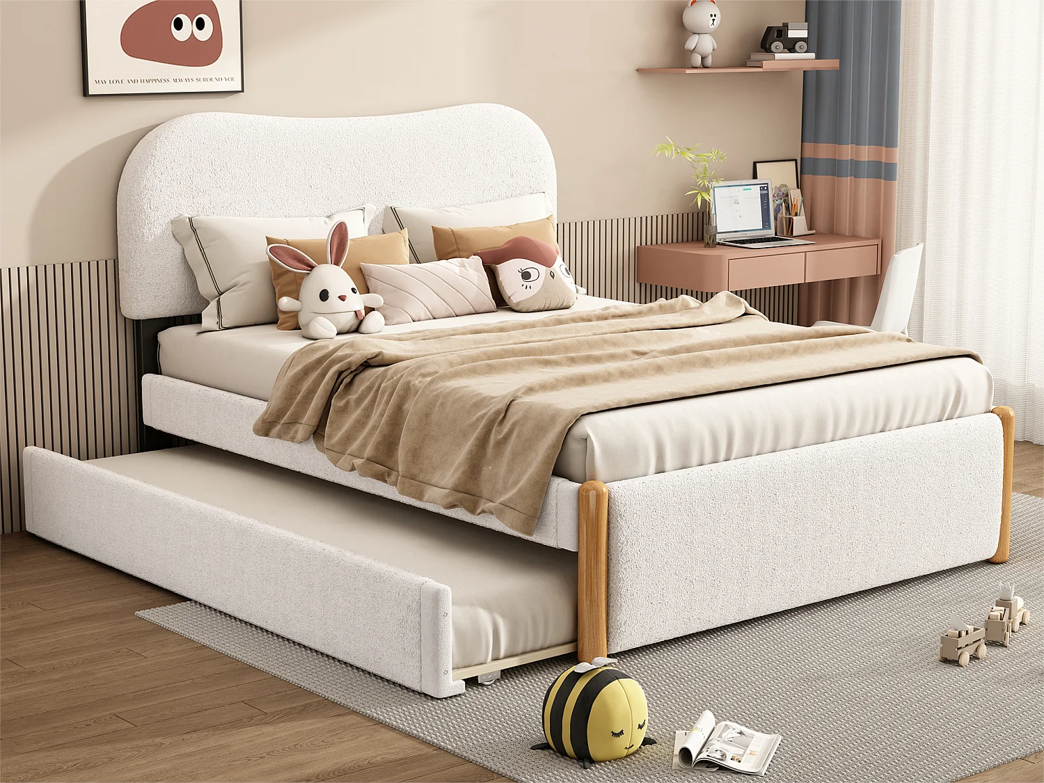 Łóżko tapicerowane z pluszu 140x200cm – z wysuwanym łóżkiem – z stelażem z listew MDF – Białe 3223036