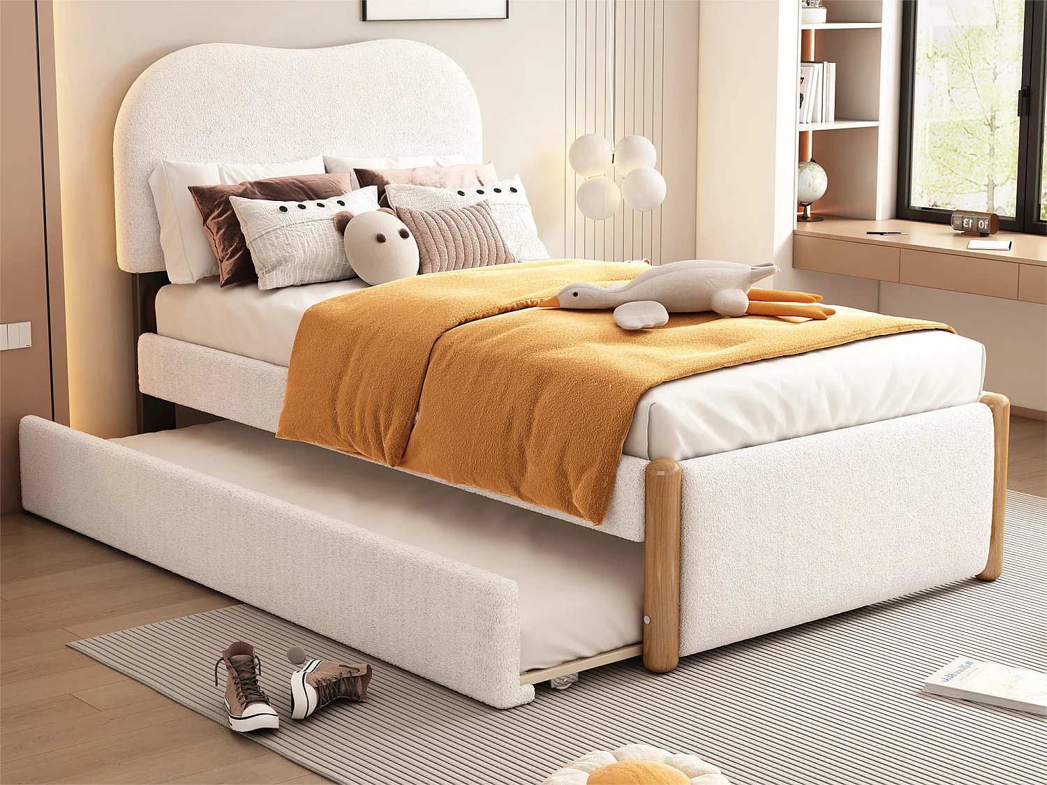 Łóżko tapicerowane z pluszu 90x200cm – z wysuwanym łóżkiem 90x190cm – z stelażem z listew MDF – Białe 3223037