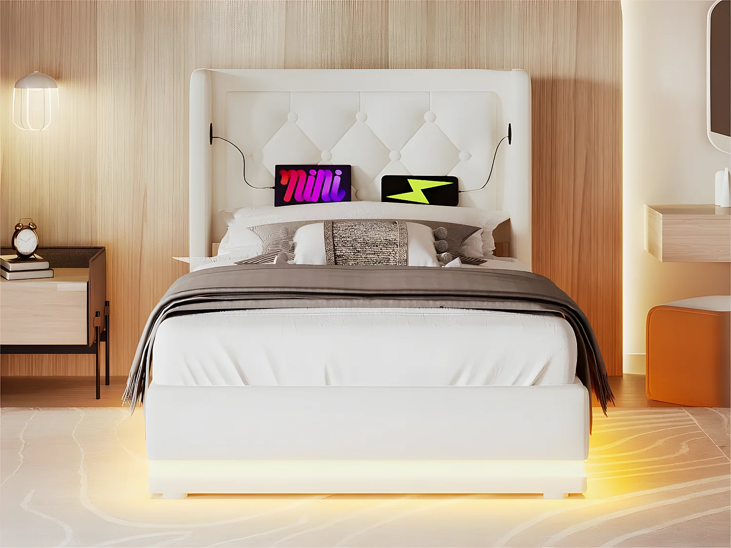 Łóżko tapicerowane 90 x 200 cm z ekoskóry - z funkcją ładowania i LED u stóp łóżka - Białe 3251066 - obrazek 1