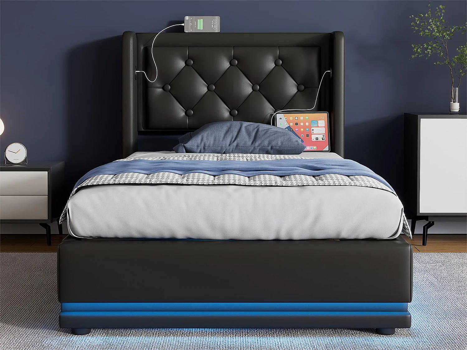 Łóżko tapicerowane 90 x 200 cm z ekoskóry - z funkcją ładowania i LED u stóp łóżka - Czarne 3251073 - obrazek 1