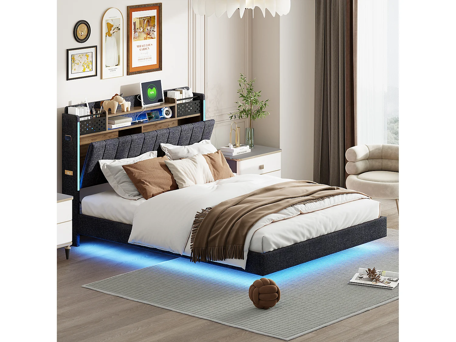 Łóżko tapicerowane 140 x 200 cm z zagłówkiem ze schowkiem - Oświetlenie LED i port USB - Tkanina lniana - Szary 3275986 - obrazek 1