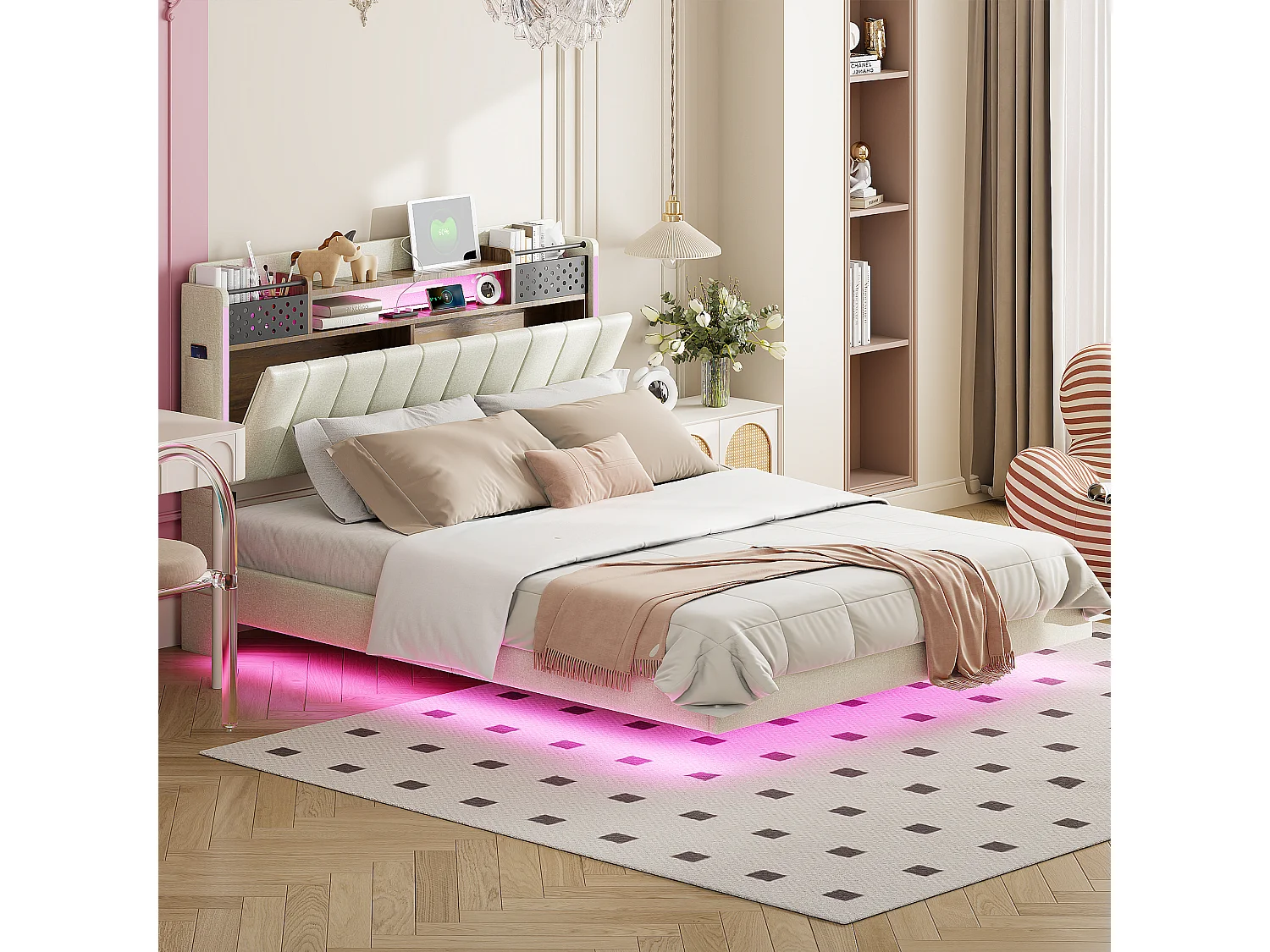 Łóżko tapicerowane 140 x 200 cm z zagłówkiem ze schowkiem - Oświetlenie LED i port USB - Tkanina lniana - Beż 3275987 - obrazek 1