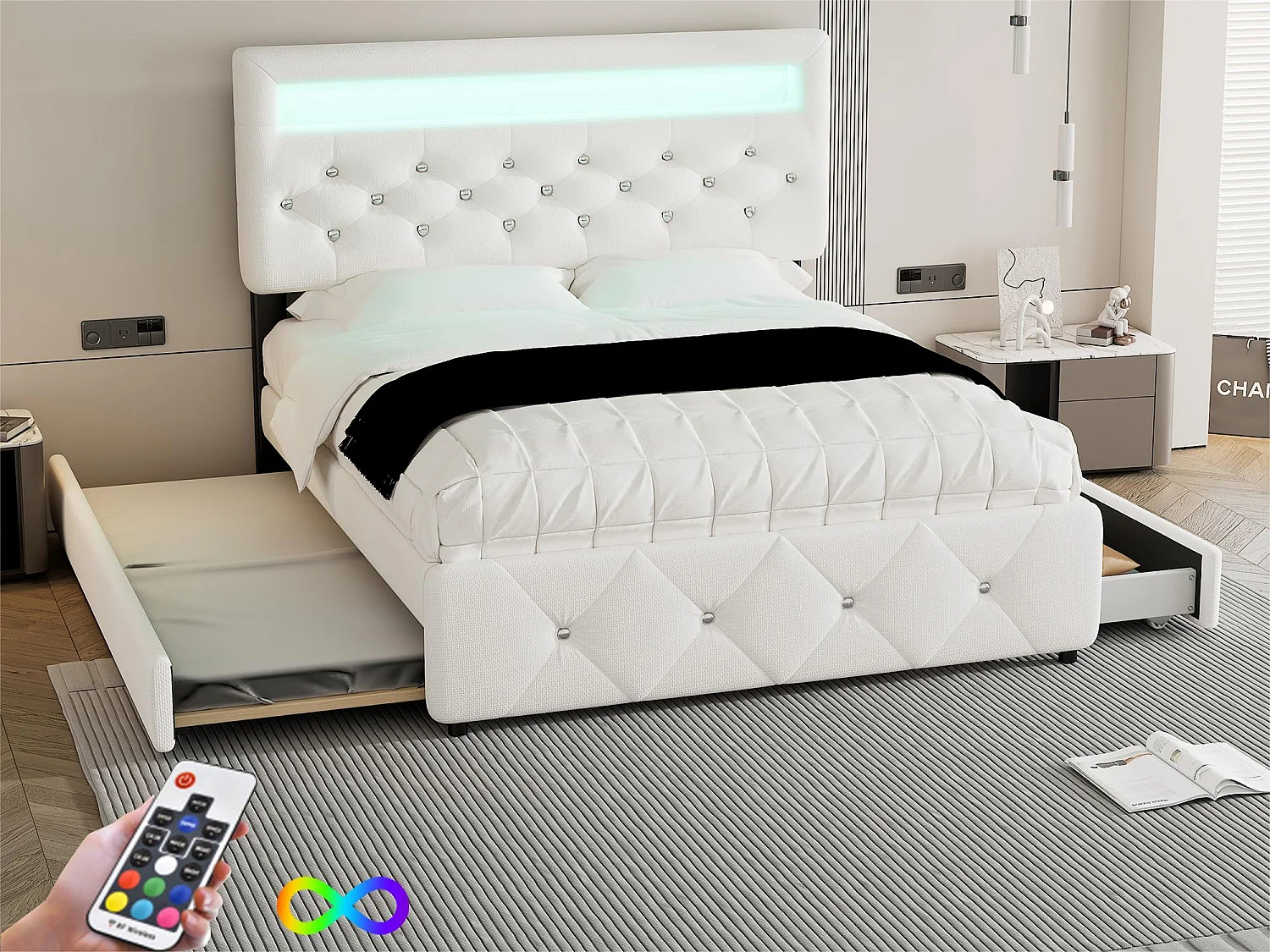 Łóżko tapicerowane 140x200cm z LED – z łóżkiem wysuwanym i 2 szufladami – tkanina lniana – Białe 1884407