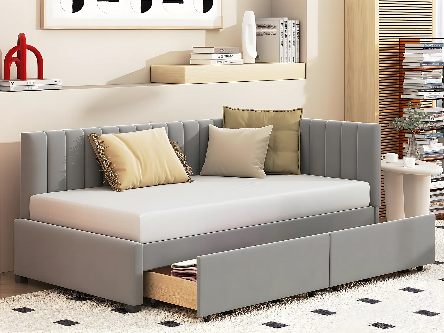 Łóżko tapicerowane welurowe 90x200cm – z 2 dużymi szufladami i stelażem na listwy – Szare 3279048