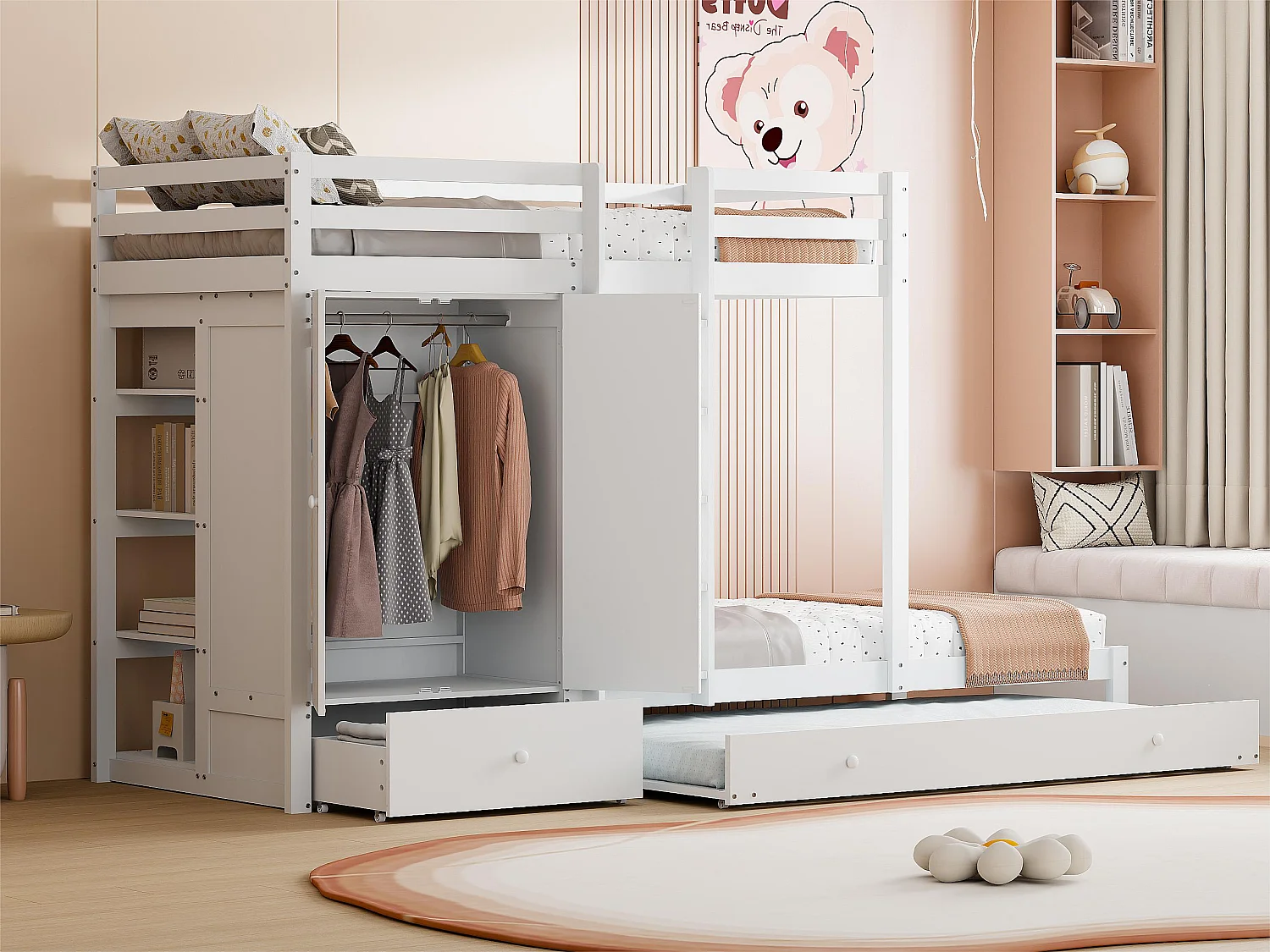 Łóżko piętrowe połączone 2x90x200 cm + łóżko wysuwane 90x190 cm - z 1 szafą, 2 szufladami i półkami - Białe 3285831 - obrazek 1