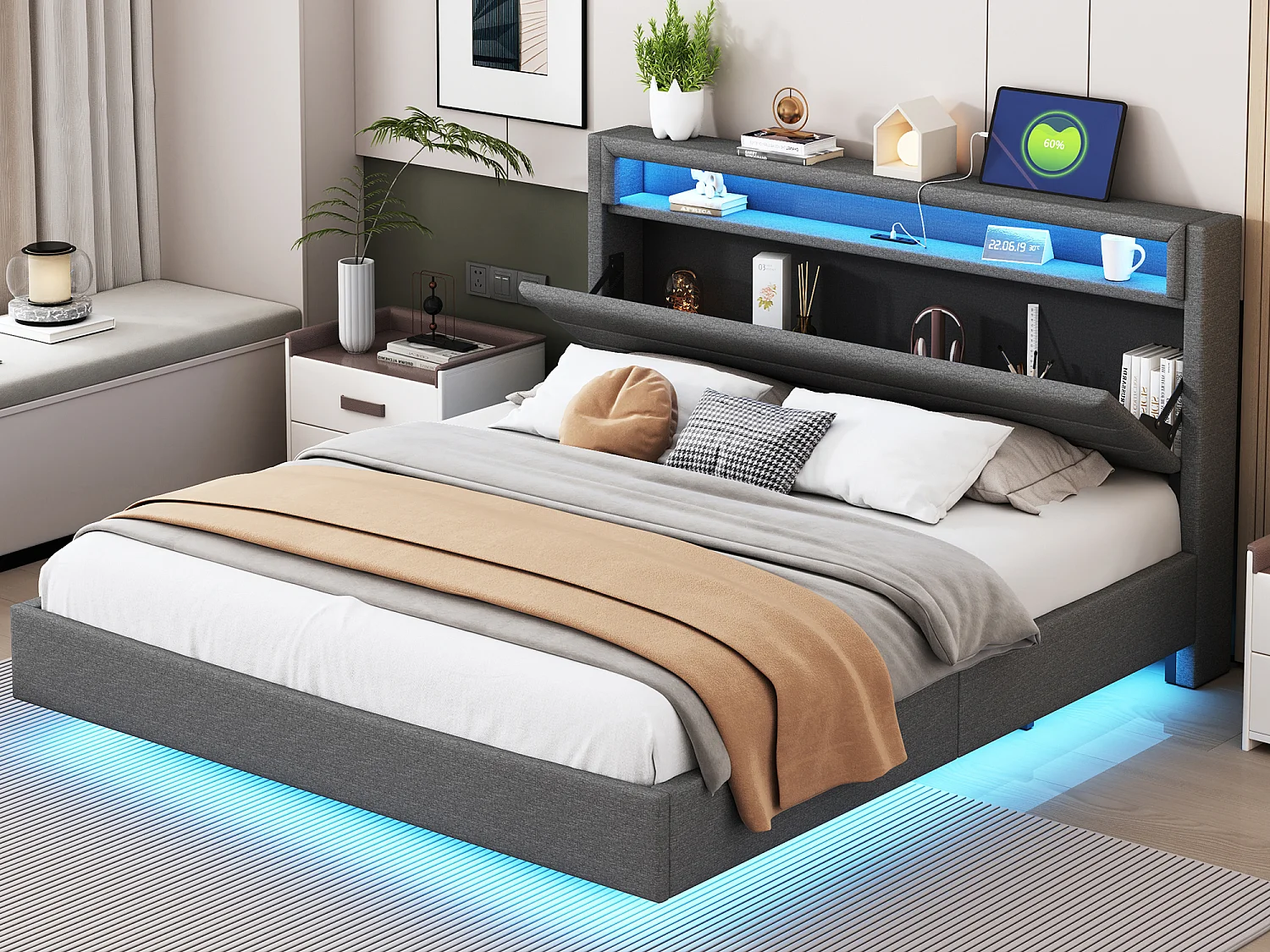 Łóżko tapicerowane 160 x 200 cm - port USB + diody LED - zagłówek odwracalny - tkanina lniana - szary 3094752 - obrazek 1