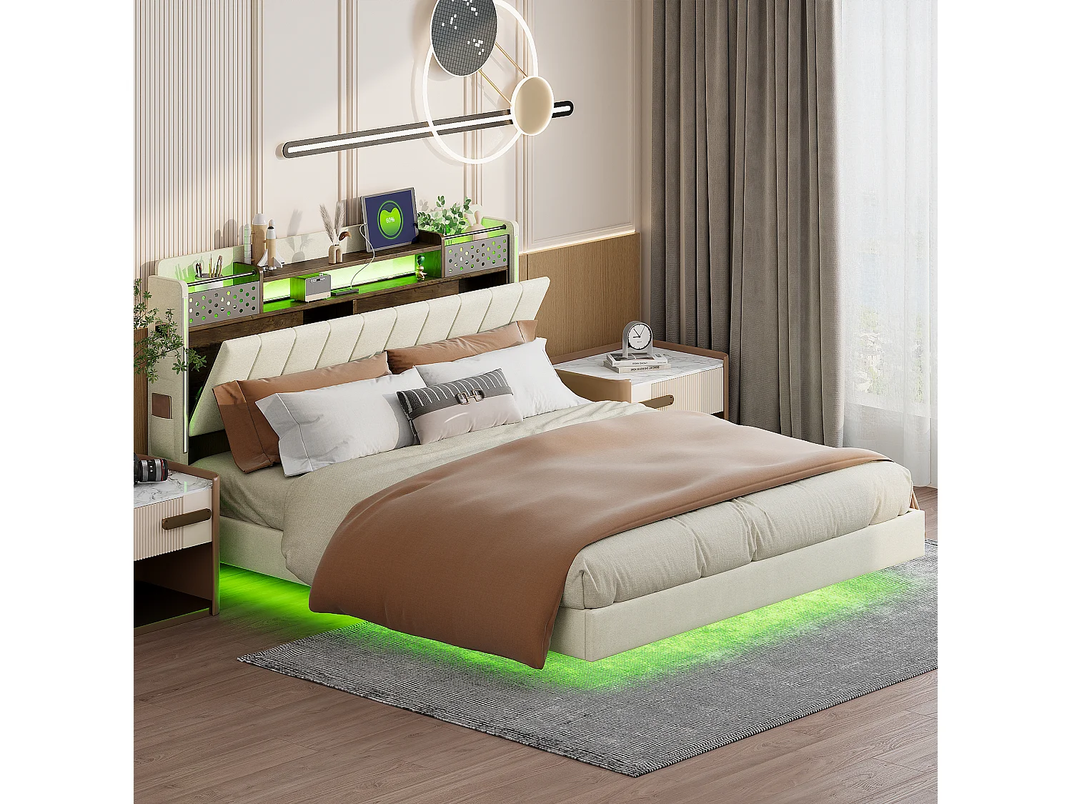Łóżko tapicerowane 160 x 200 cm z zagłówkiem ze schowkiem - Oświetlenie LED i port USB - Tkanina lniana - Beż 3276014 - obrazek 1