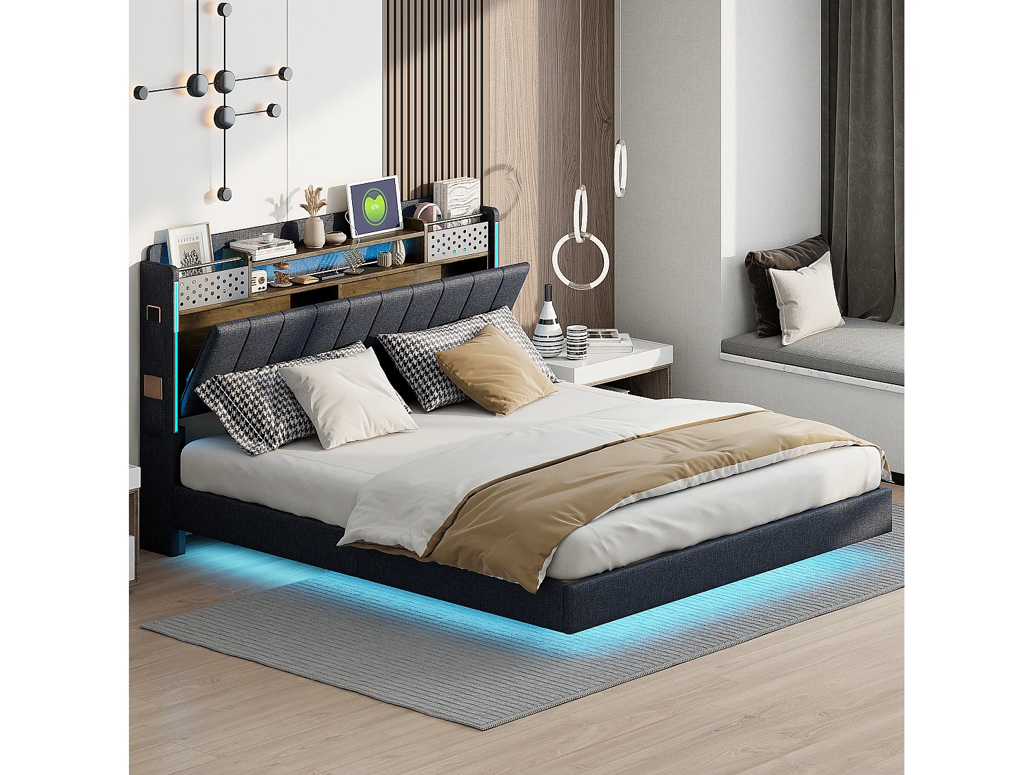 Łóżko tapicerowane 160 x 200 cm z zagłówkiem ze schowkiem - Oświetlenie LED i port USB - Tkanina lniana - Szary 3276000 - obrazek 1