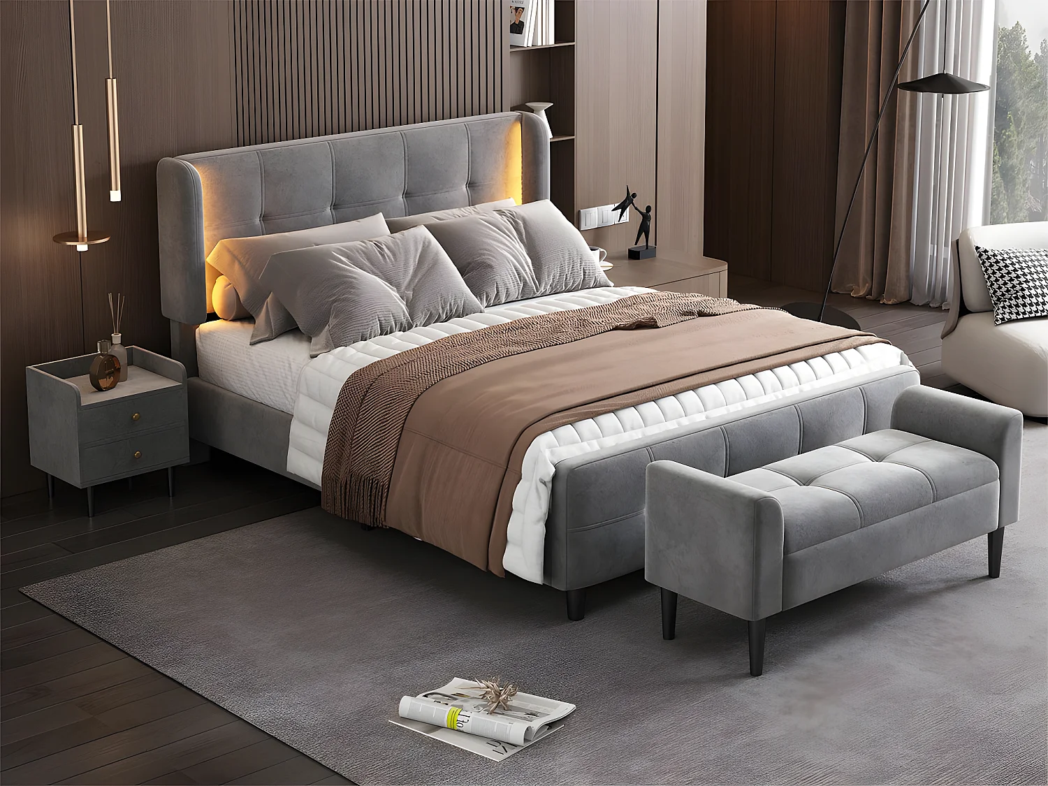 Łóżko podwójne tapicerowane welurem - 140x200 cm - z taśmą LED w 16 kolorach - regulowane wezgłowie - Szare 2753073 - obrazek 1