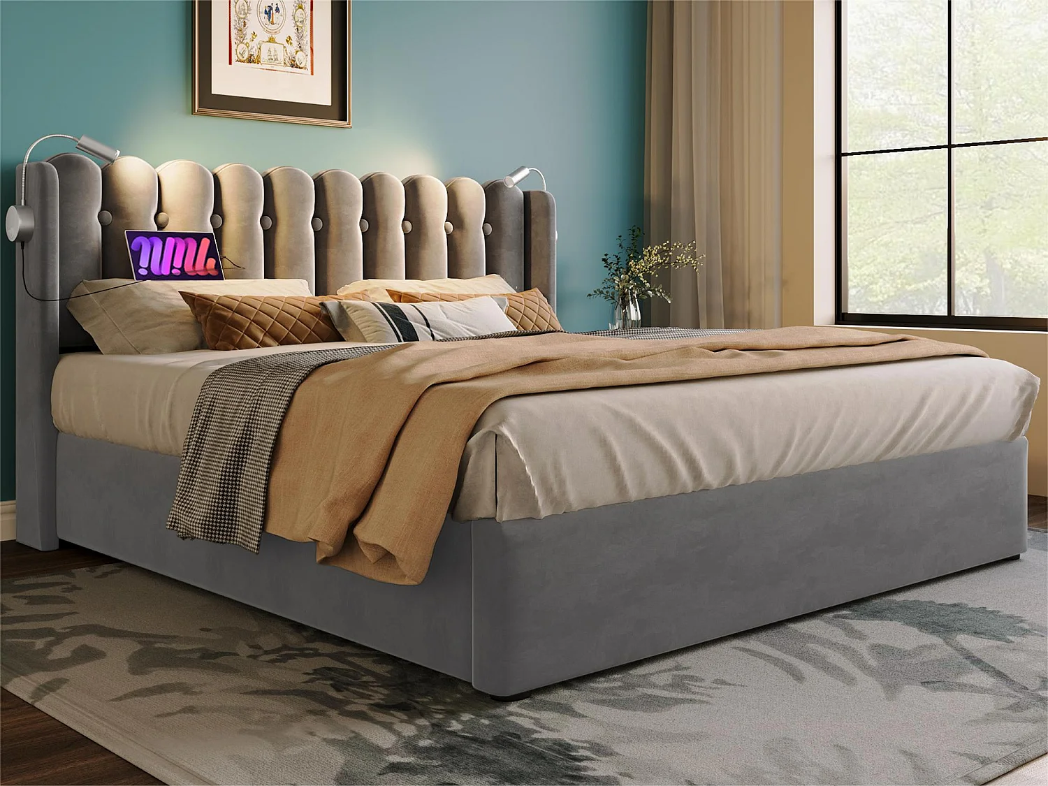 Łóżko tapicerowane z LED i portami USB - 160x200cm - tkanina welurowa - z stelażem na listwach - Szary 1887947 - obrazek 1
