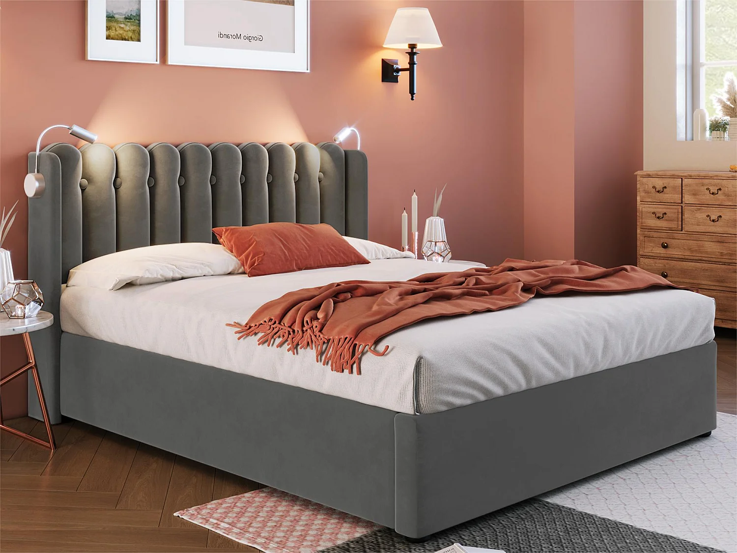 Łóżko tapicerowane z LED i portami USB - 140x200cm - tkanina welurowa - z stelażem na listwach - Szary 1887949 - obrazek 1