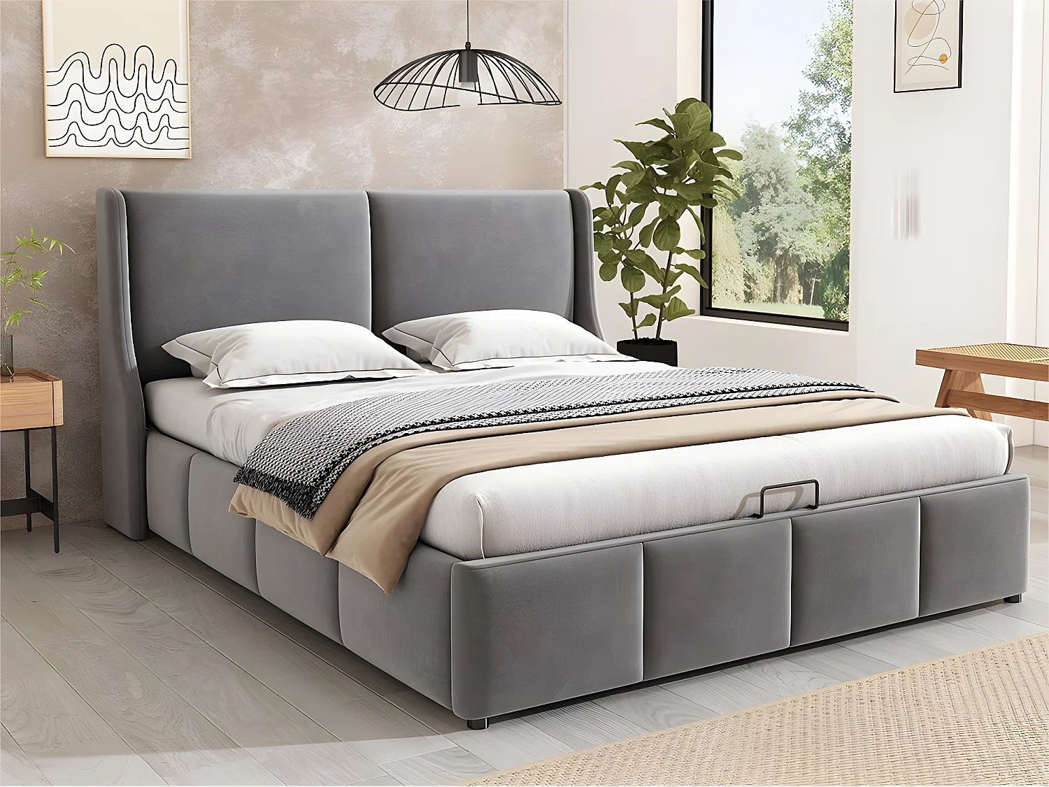 Łóżko tapicerowane 140x190cm z weluru - z stelażem na listwach - Szare 1399013 - obrazek 1