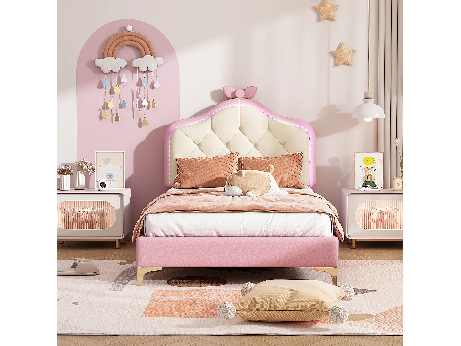 Łóżko tapicerowane Princess 90 x 200 cm z kolorowymi paskami LED - skóra ekologiczna - różowy 3351673 - obrazek 1