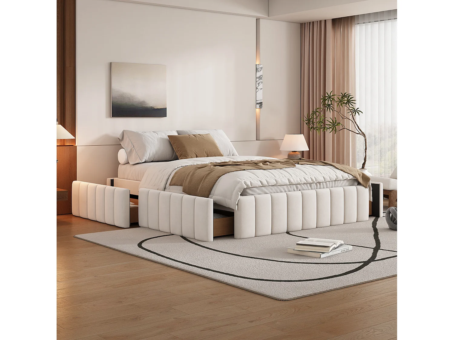 Łóżko tapicerowane 140 x 200 cm z 4 szufladami - bez wezgłowia - aksamit - beż 3360587 - obrazek 1